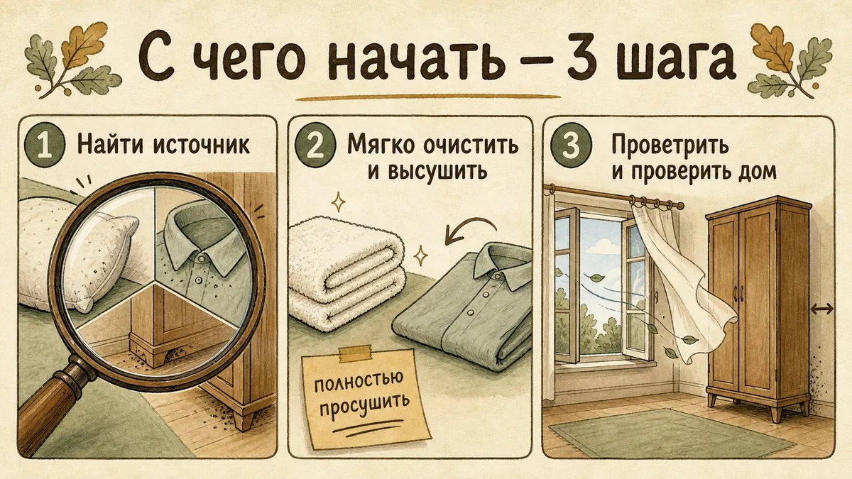 Три шага: лупа над подушкой, воротником и уголом шкафа; сложенные сухие вещи; открытое окно и шкаф, отодвинутый от стены