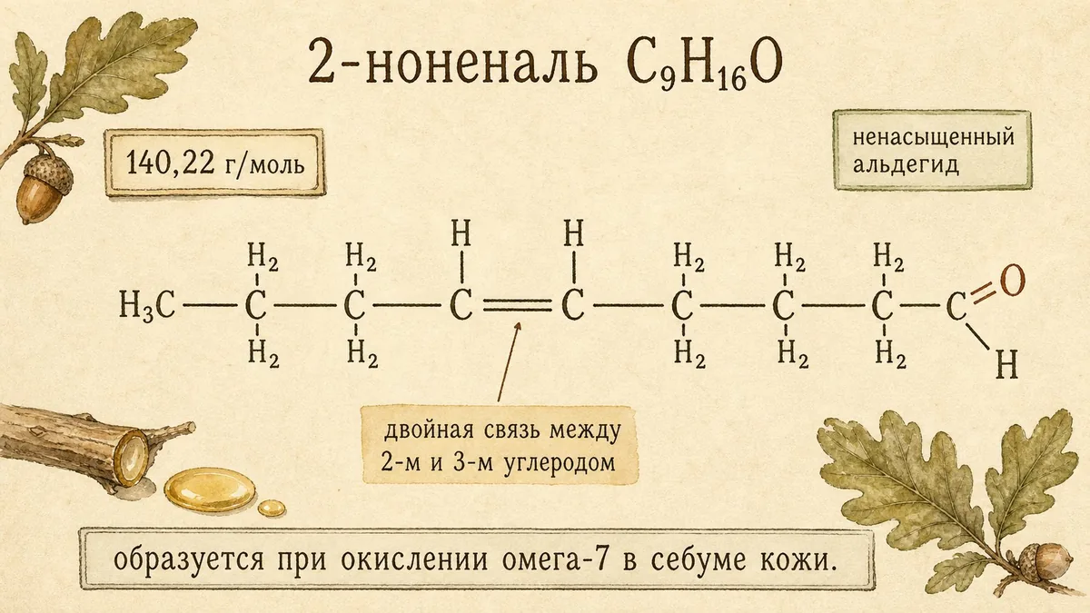 Структурная формула 2-ноненаля C9H16O: цепочка из девяти углеродов с альдегидной группой на конце, двойная связь между вторым и третьим атомами углерода, молекулярная масса около 140,22 г/моль